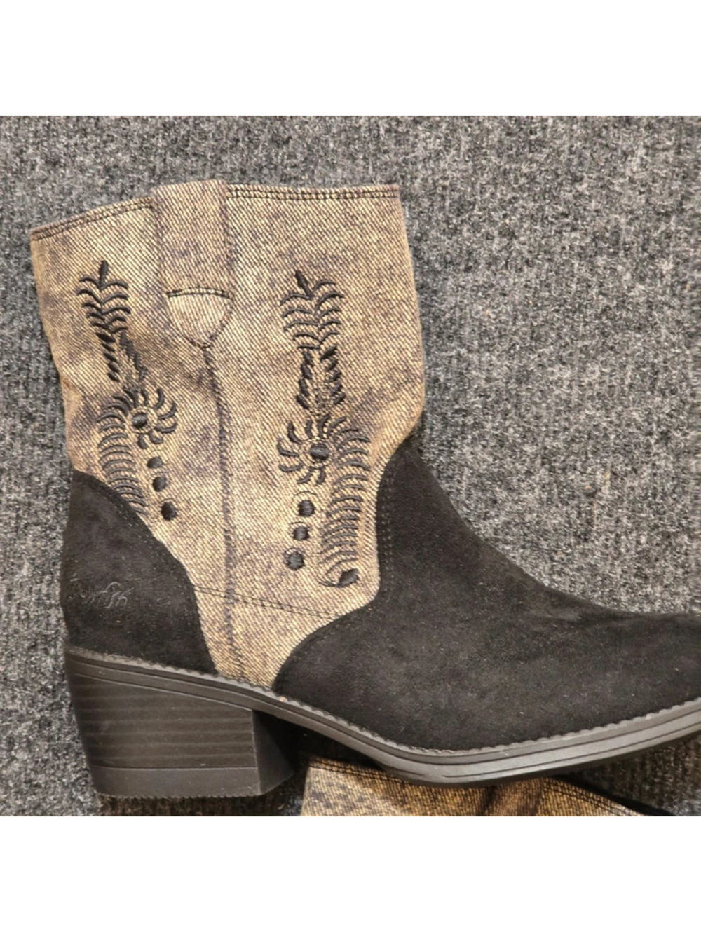 Blowfish Malibu Rebel 2 Western Boots Charcoal Black Denim Embroidered NWOT 6M